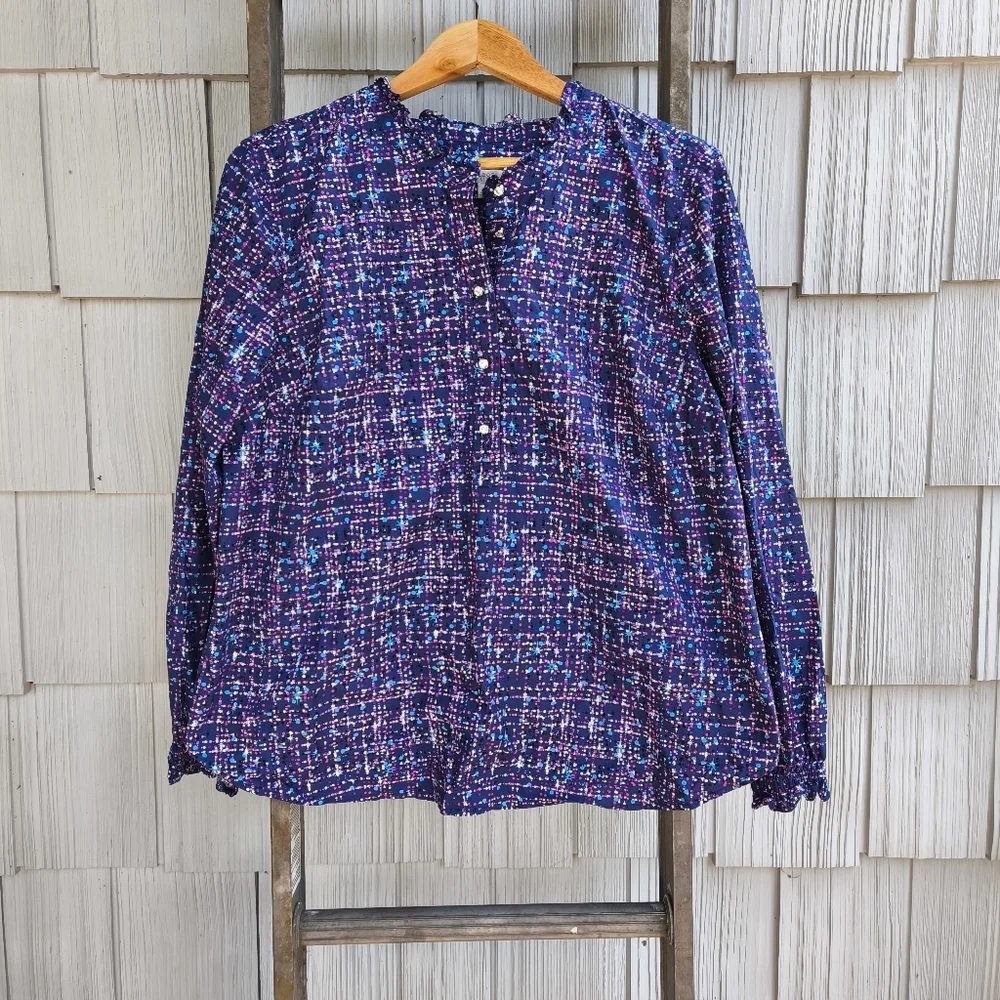 Talbots Geometric Rhinestone Button Ruffle Popover sz XL Purple Chic Office - Picture 2 of 11